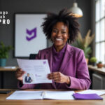 Emprendedor recibiendo diseño de logo, sitio web e imágenes profesionales de un equipo creativo