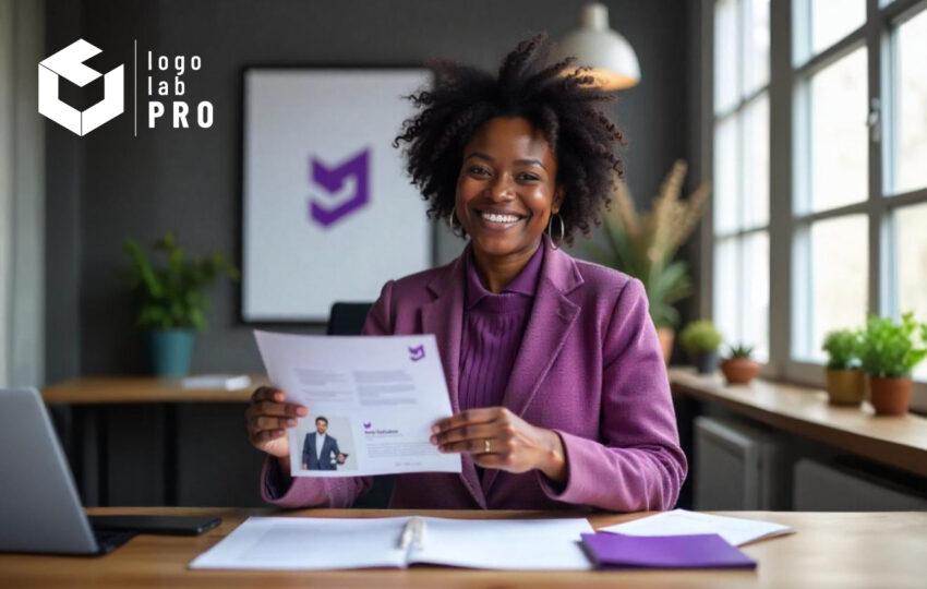 Emprendedor recibiendo diseño de logo, sitio web e imágenes profesionales de un equipo creativo